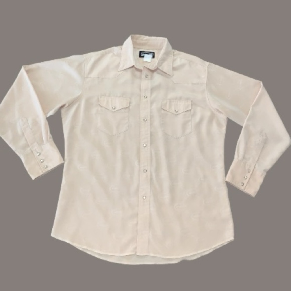 Tan Vintage Wrangler polyester Western /Rodeo Style Shirt with pearl snaps